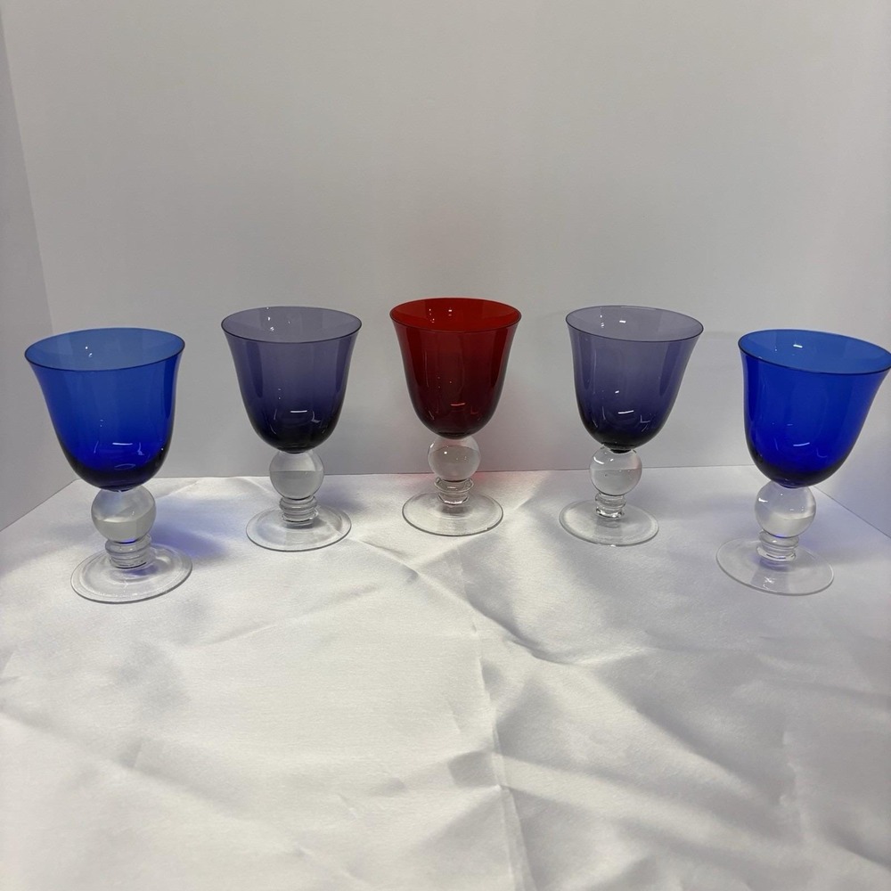 Vintage Clear Ball Stem Hand Blown Glass/Goblet - various colors set of 5‎